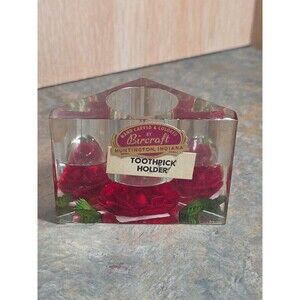 Vintage Bircraft Lucite Toothpick Holder Red Rose Original Labels